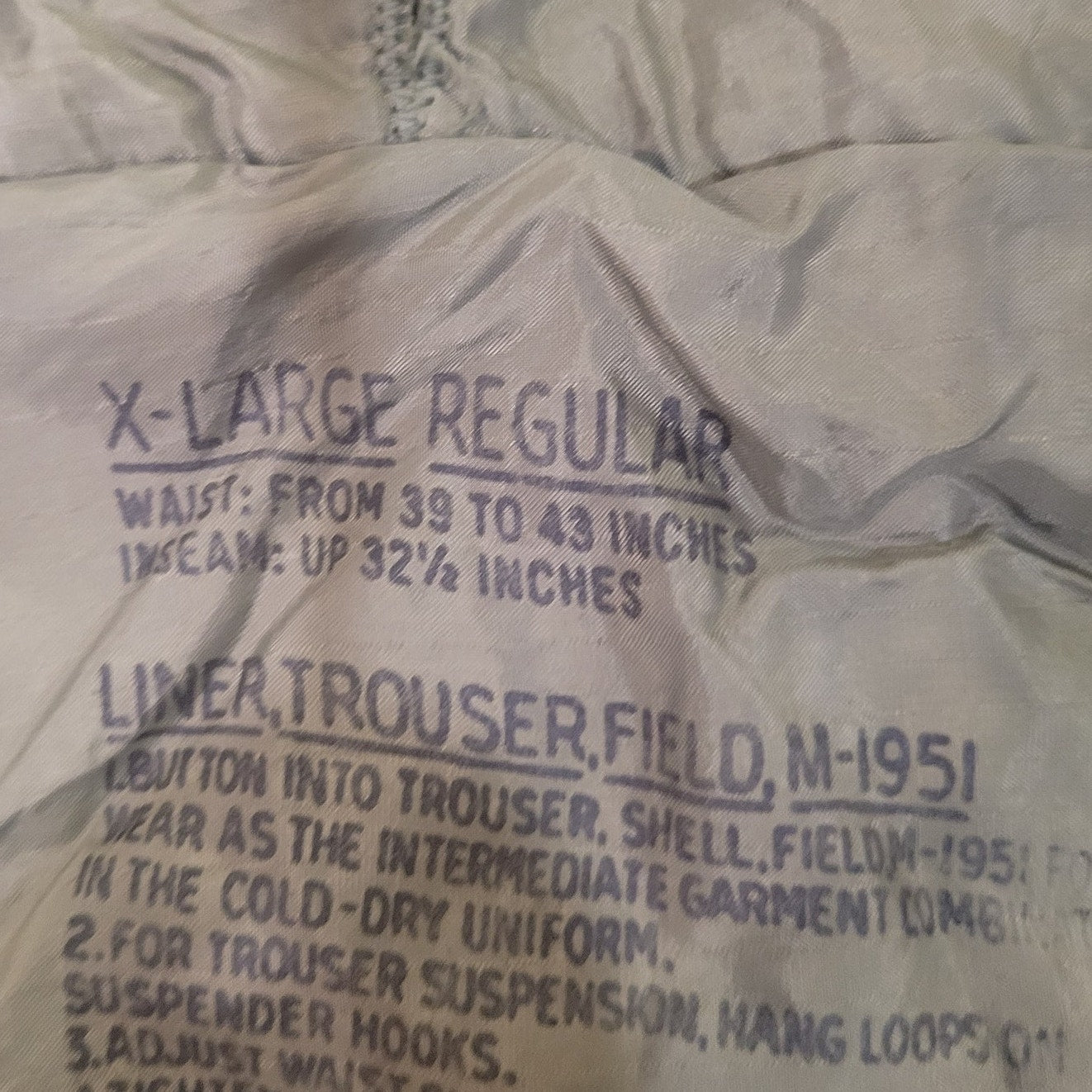 1952 M-1951 Arctic Trousers Liner – X-Large Regular – 100% Wool – Bogardus Corp.