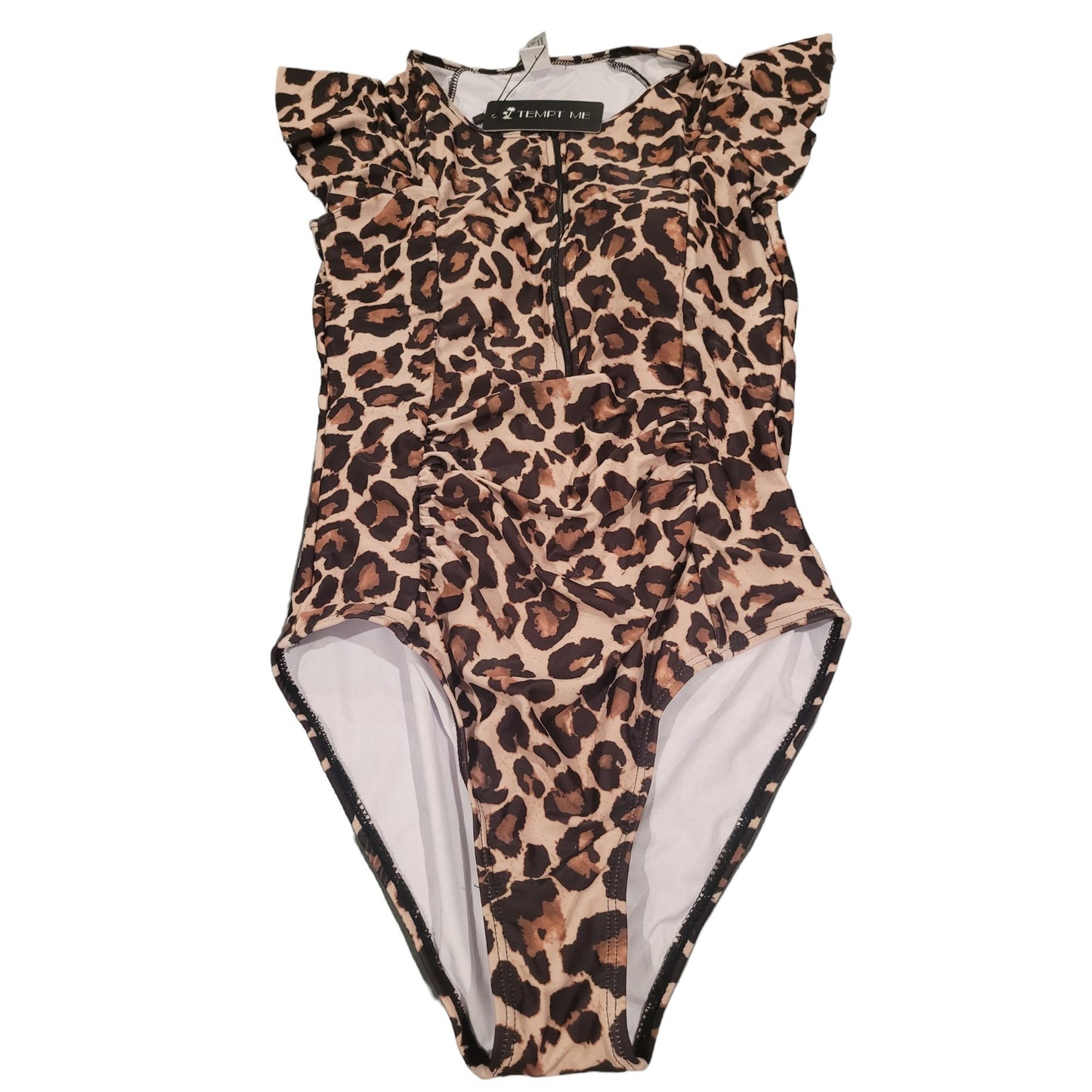 Tempt Me One Piece Swimsuit, Leopard Print, Zip Front, S/S Rash Guard, S (4-6)