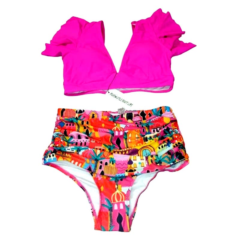 SPORLIKE Ruffle High Waist, Two Pieces Push Up Padded Bikini, Castle/Pink, S