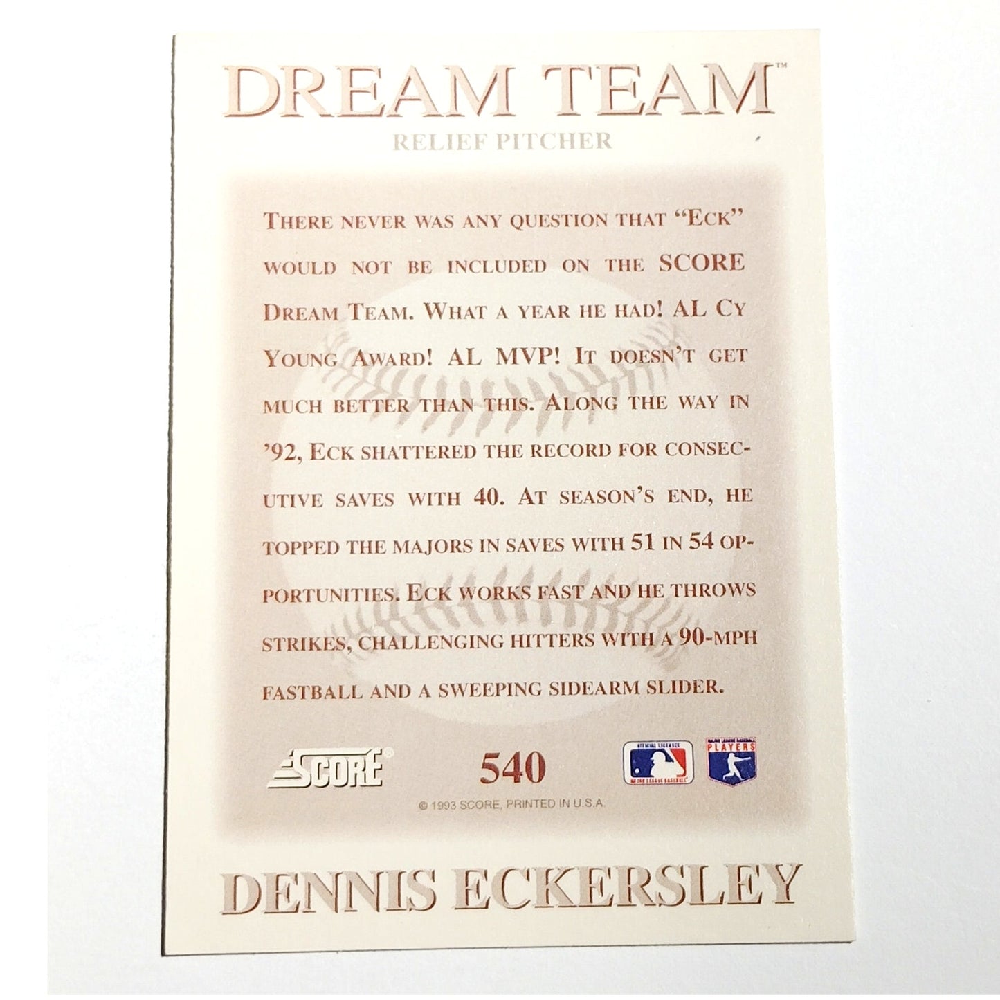 1993 Score Dennis Eckersley #540 Oakland Athletics Dream Team Portrait Card NM