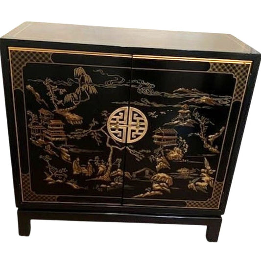 LOCAL PICKUP - Drexel Et Cetera Chinoiserie Cabinet — Black Lacquer, Gold Gilt