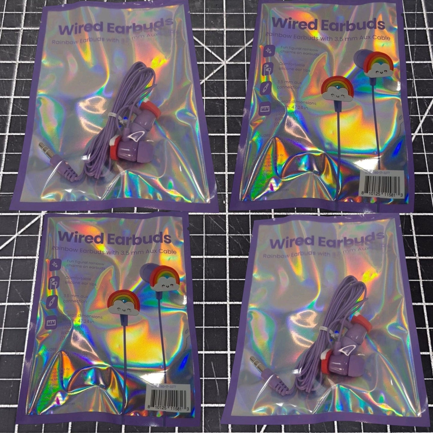 4-PK GEMS “Rainbow” Novelty Wired Earbuds – Kids – Purple