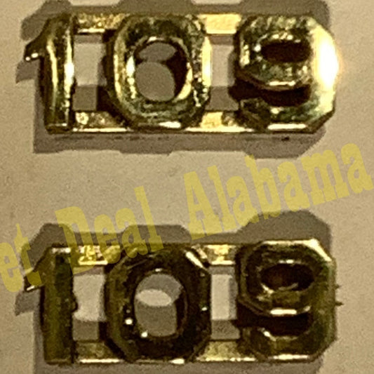 Early 1900s Brass C-Clasp Number "109" Collar Device 3/8"H Hat / Lapel Pins Set