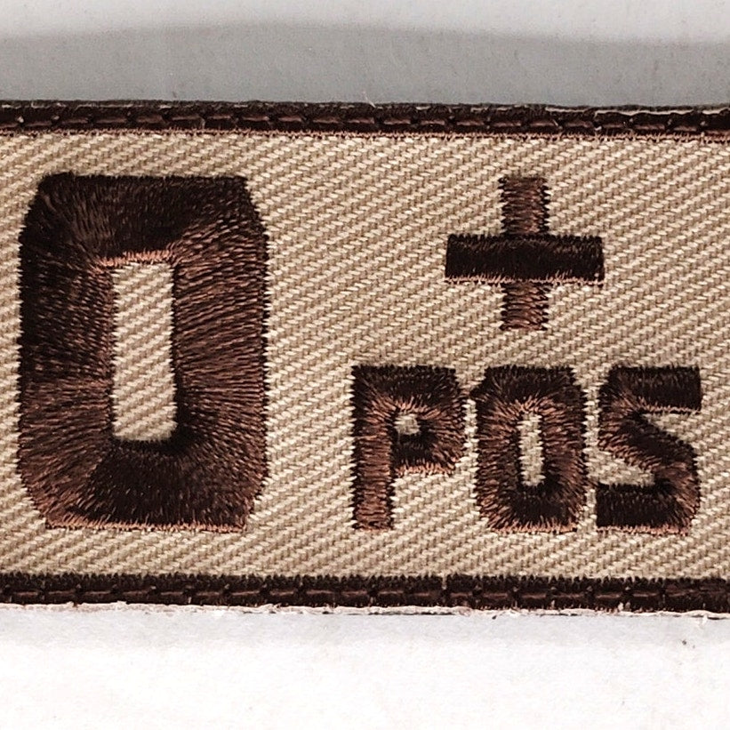 Large O+ POS Blood Type Patch Embroidered Brown on Tan 2‑1/2" × 1‑1/8" Hook Back