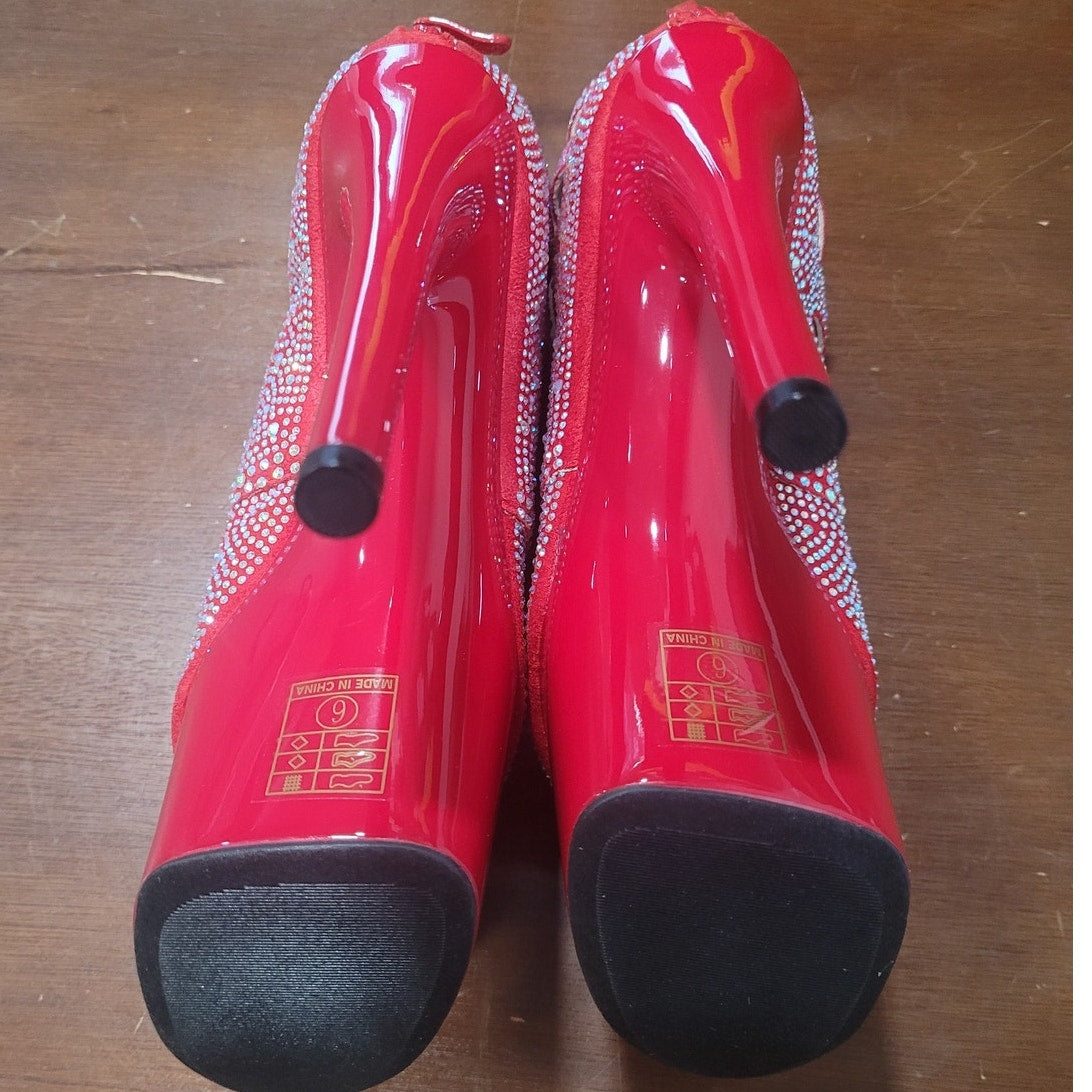 Ellie Shoes Red Ankle Boots w/ Rhinestones, 709-WENDY, Size 6, Platform Stiletto