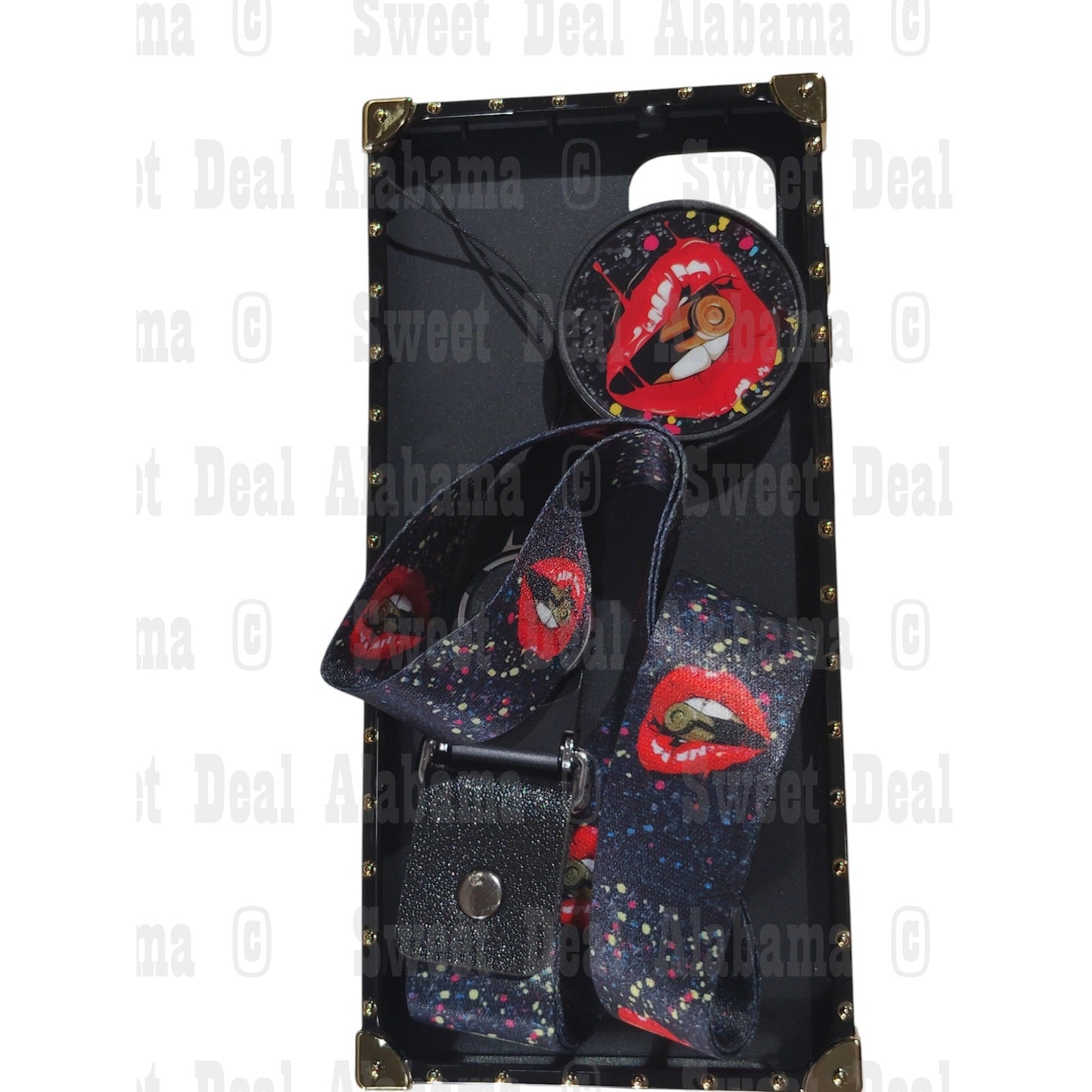 FX Cellphone Case For Samsung A12 5G Phone w/ Strap & Stand, Black Bullet Lips, Gold Accents