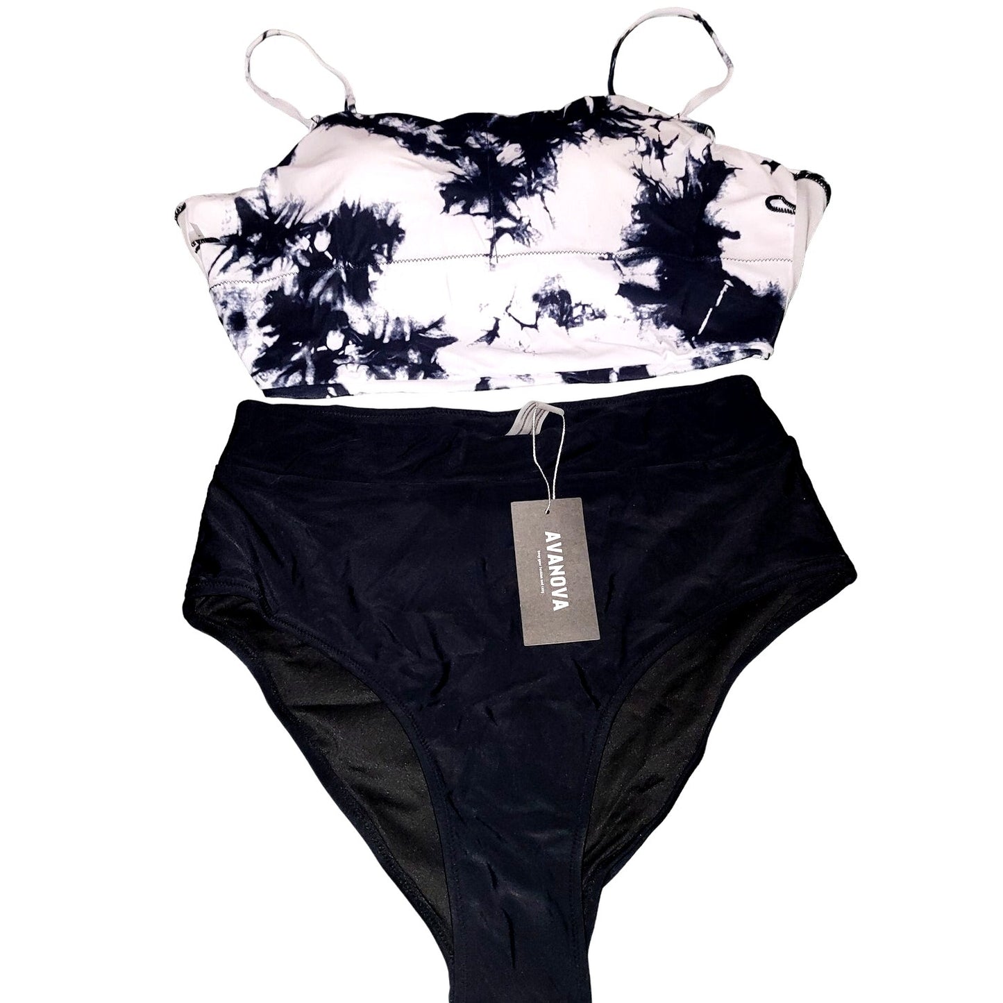Avanova High Waisted, Tie Dye Tie Back Swimsuit Bikini Set Tie Dye Black, XS