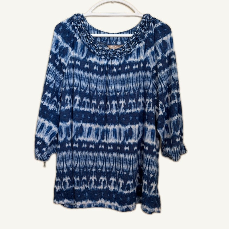 White Stag Women's XL Blue & White Stripe Long Sleeve Top - Ruched Neckline