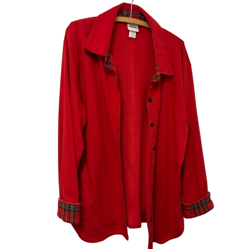 Collections Etc. Red Fleece Jacket with Plaid Cuffs & Collar - Women's L