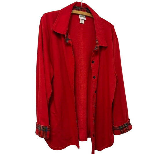 Collections Etc. Red Fleece Jacket with Plaid Cuffs & Collar - Women's L