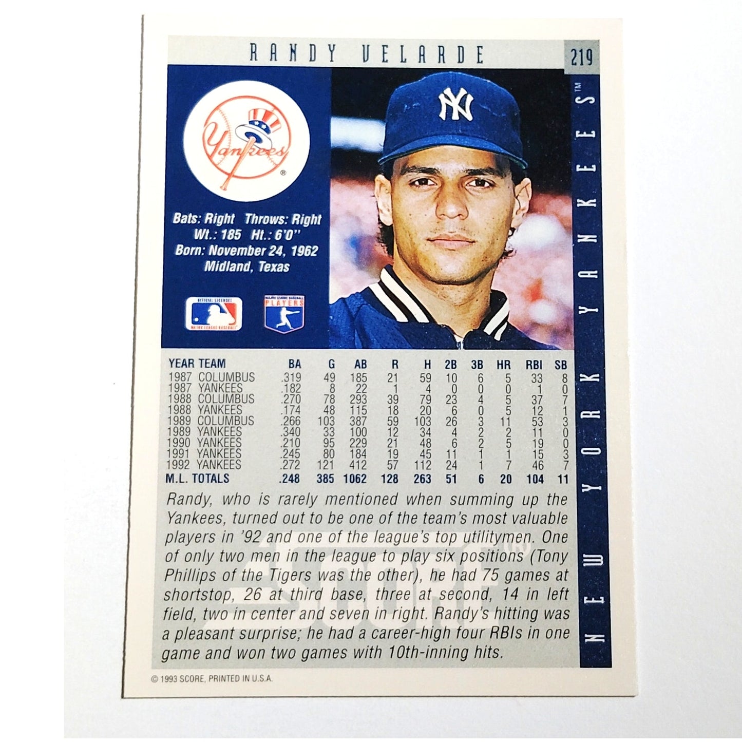 1993 Score Randy Velarde #219 New York Yankees 2B MLB Baseball Card NM