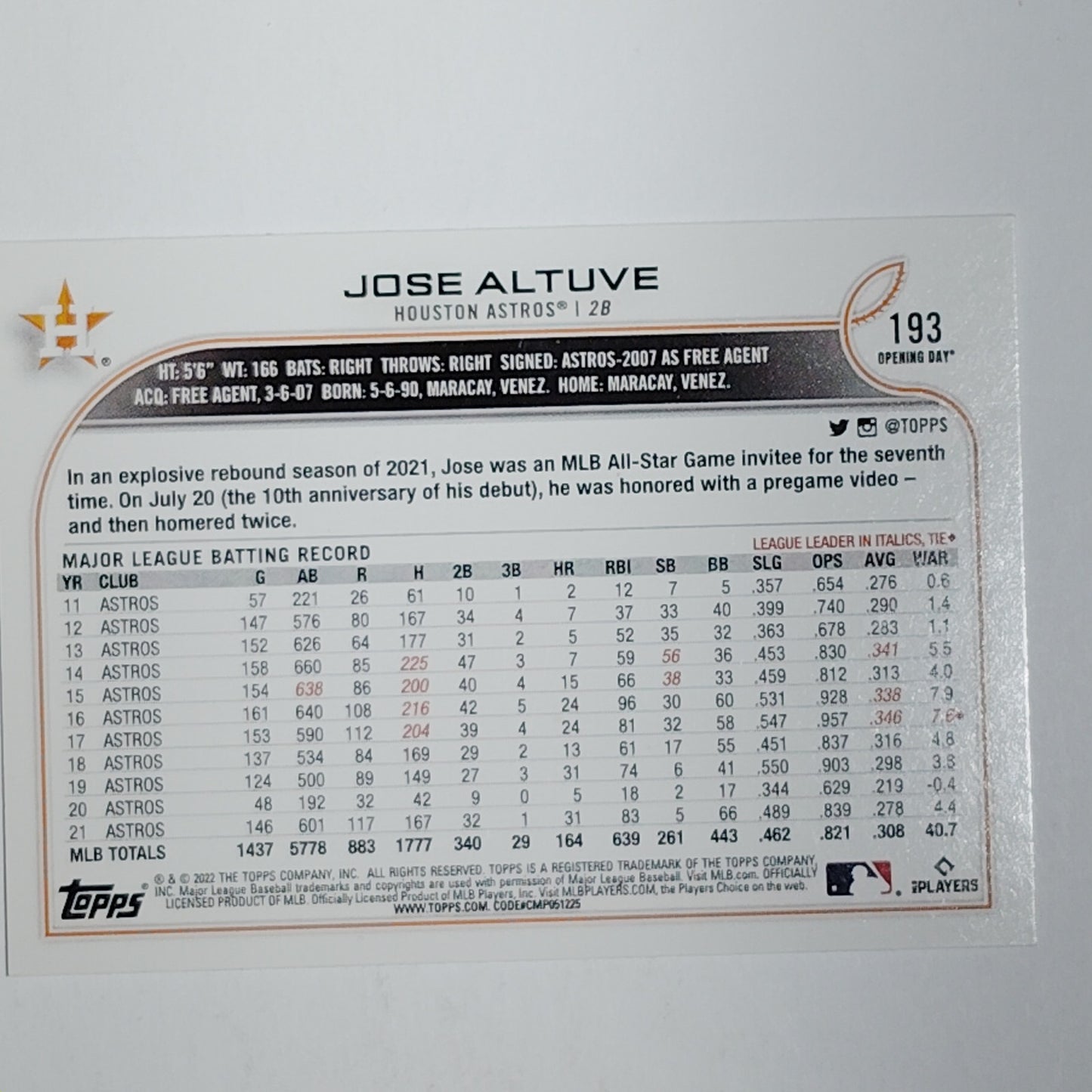 2022 Topps Opening Day #193 Jose Altuve Houston Astros 2nd Base - VG/EX