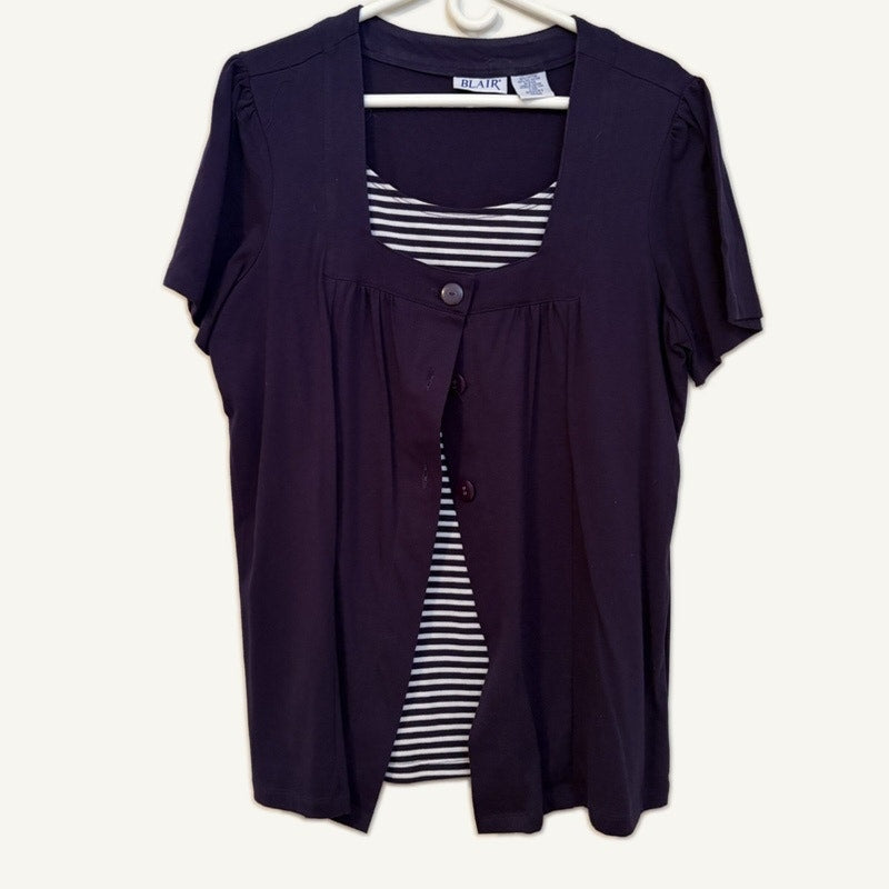 Blair Women's L Navy Mock Layered Top & White Capris 2-Piece Set
