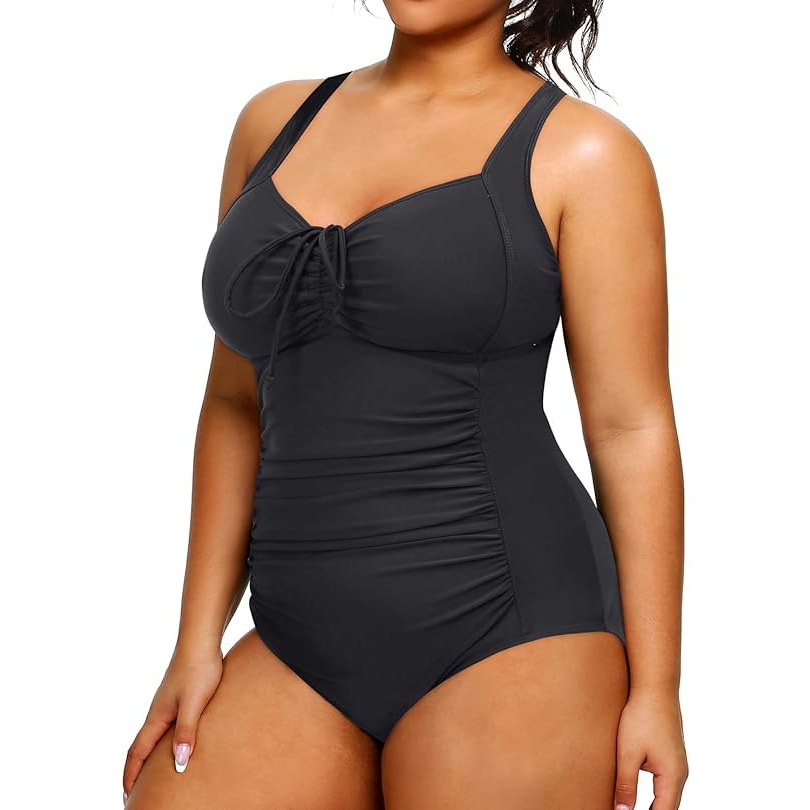Daci Black 24W Plus Size One Piece Swimsuit Tummy Control Ruched Swimwear