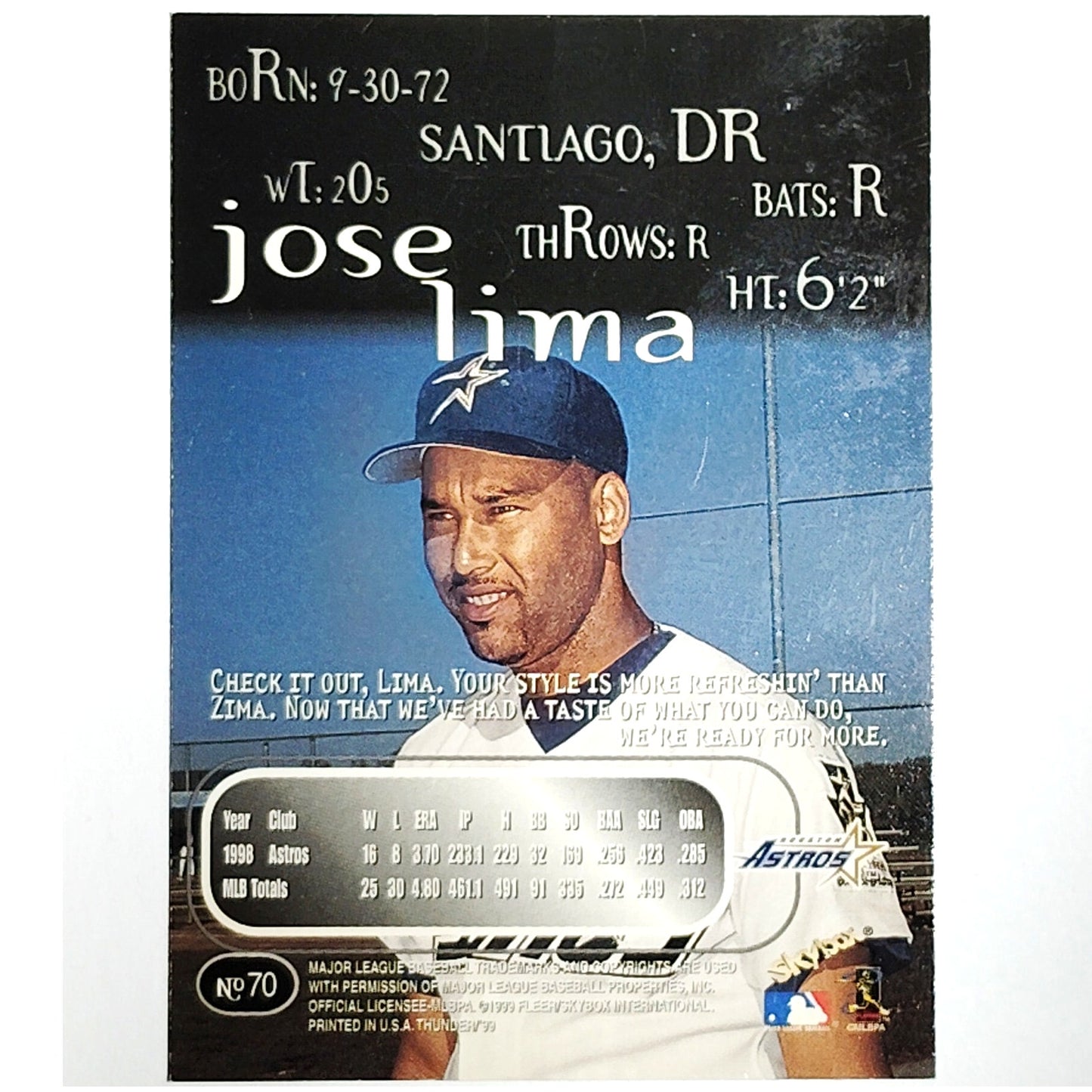 1999 SkyBox Thunder José Lima,  Pitcher VG/EX, Card #70, Houston Astros