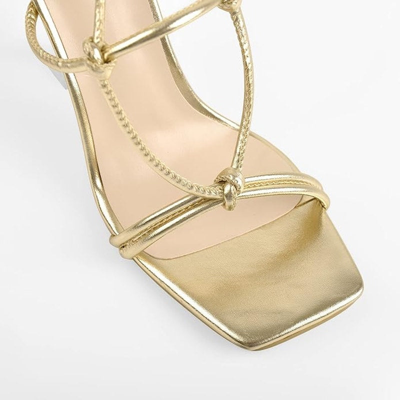 Gladiator High Heels Clear Heel Square Toe Lace-up Slingback Strappy Stiletto, 8