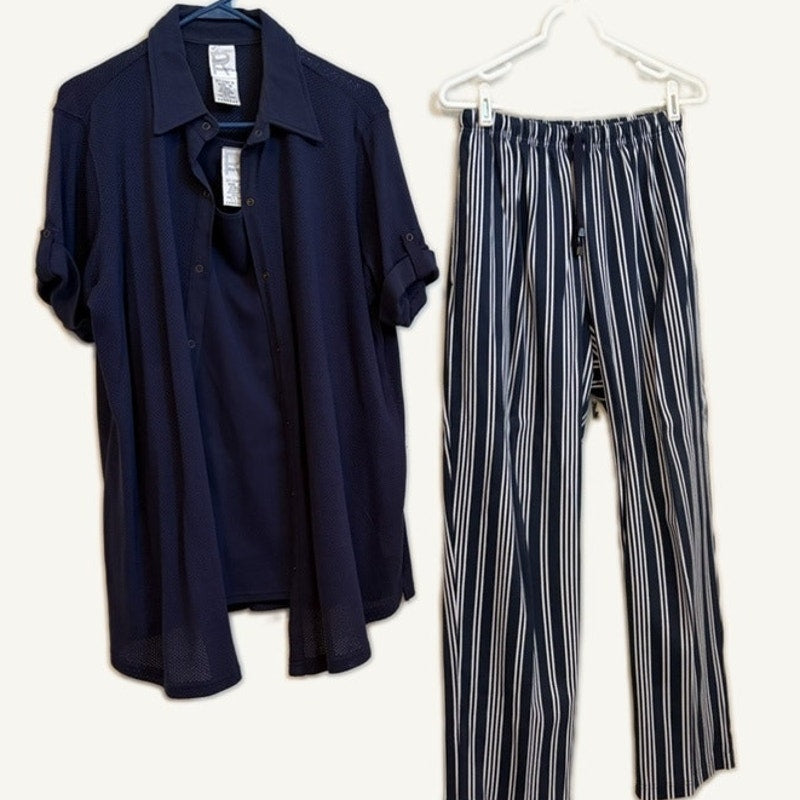 Vintage Roaman's Women's M 3PC Navy Tank, Button-Up & Striped Pants Set