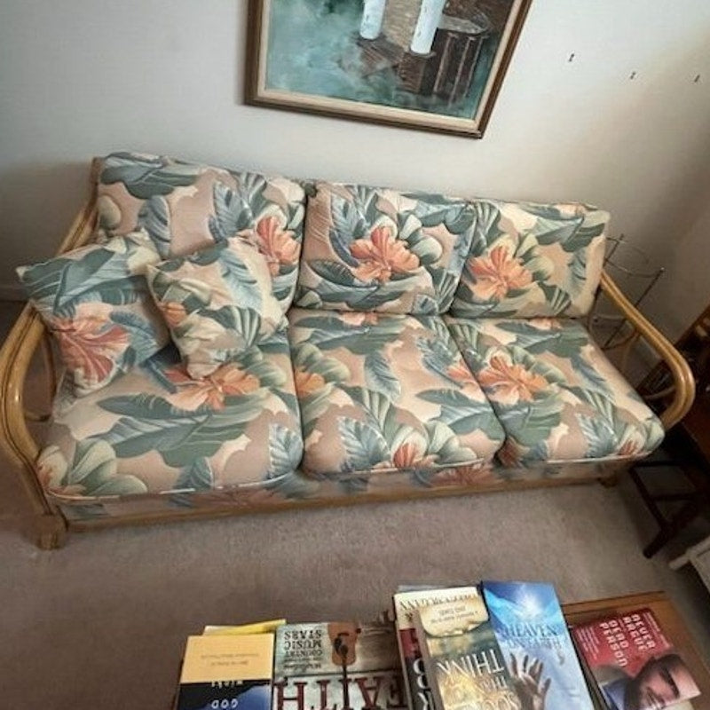 LOCAL PICKUP ONLY- 1980s Tropical Rattan Sleeper Sofa Bentwood Cane Frame Floral