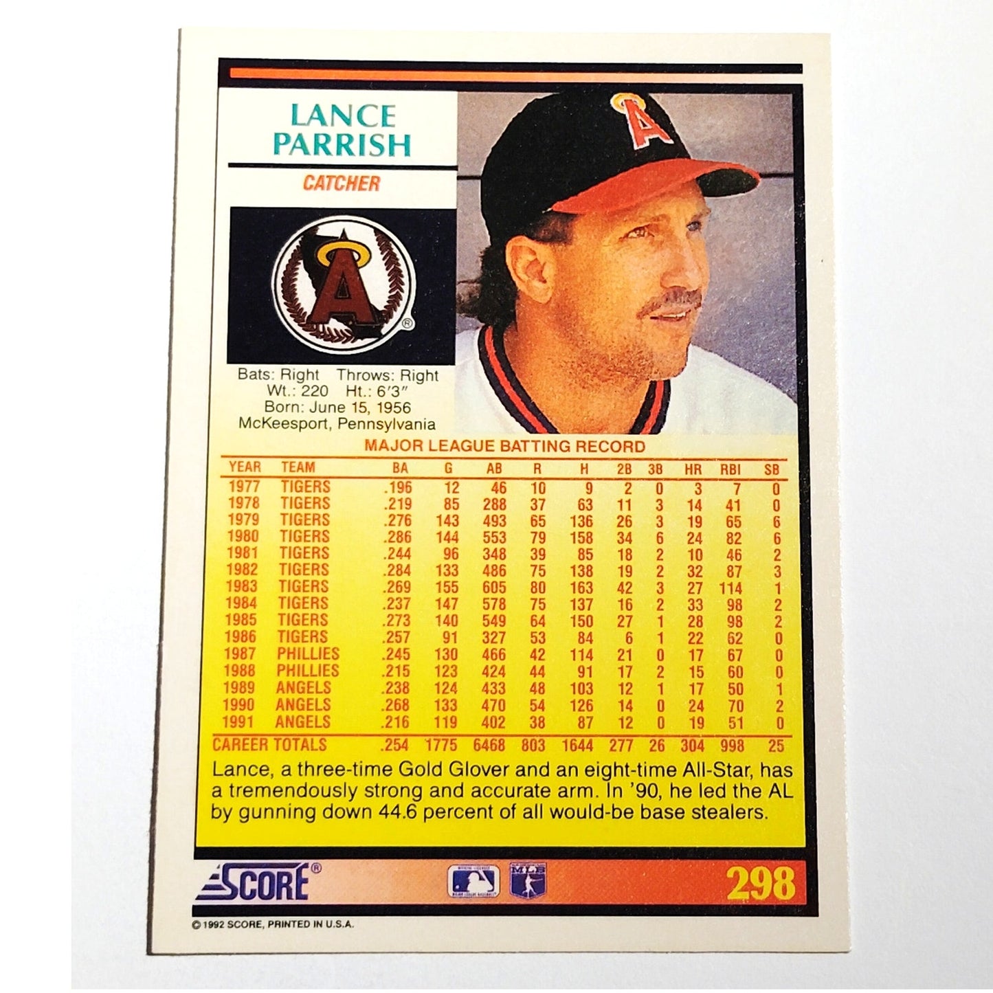 1992 Score Lance Parrish #298 California Angels Catcher MLB Baseball NM