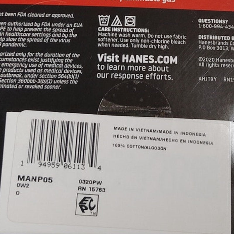 Hanes 100% Cotton Adult Face Mask 10‑Pack Black Unisex