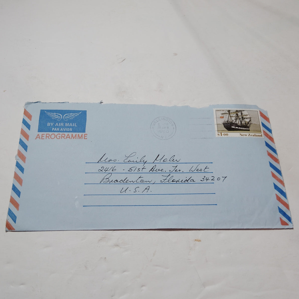 1990 New Zealand Aerogramme Cover Wellington Postmark $1.00 Ship Stamp Airmail