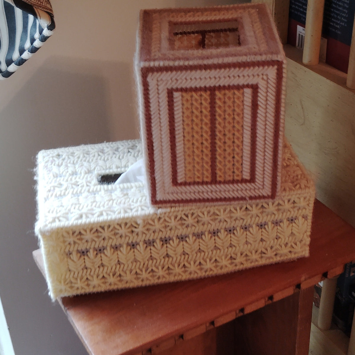 2-PCs - Vintage 1970s Handmade Plastic Canvas Tissue Box Covers – 2‑Piece Lot