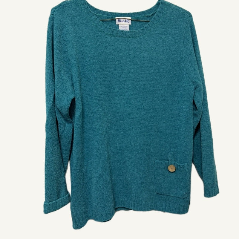 Blair Women's Green Chenille Pullover Sweater Size L with Wood Button Pocket