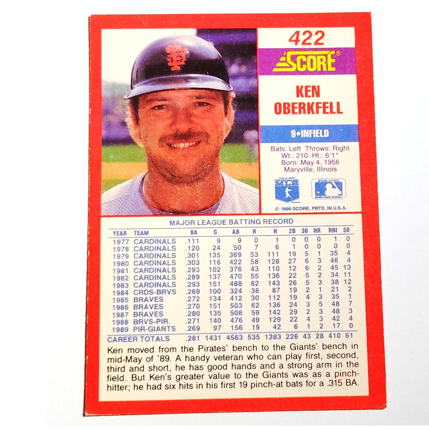 1990 Score Ken Oberkfell #422 San Francisco Giants Infielder MLB Baseball EX