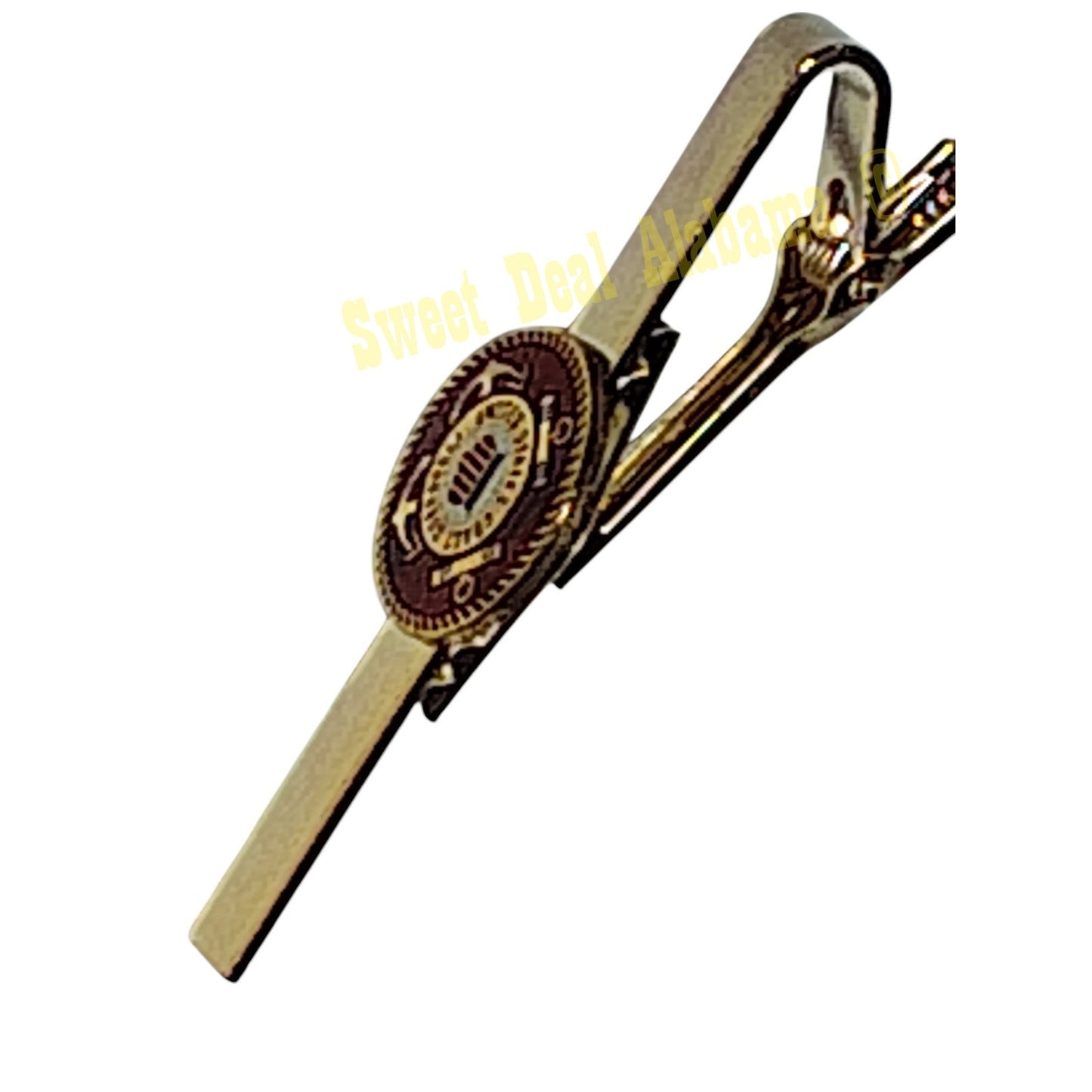 U.S. Coast Guard Tie Bar Clip 2-1/2"L, Emblems 3/4"D, Gold Tone Finish, Red Face
