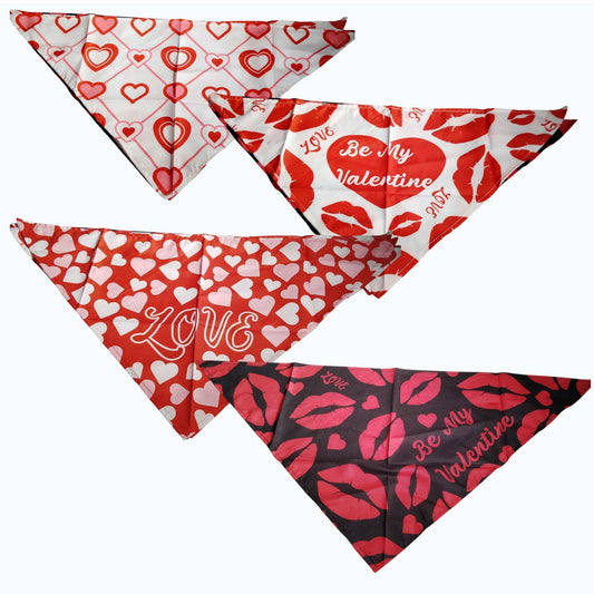 4PK Valentine Dog Bandanas Love Hearts Lips Red White Black L/XL Dogs 25" x 19"