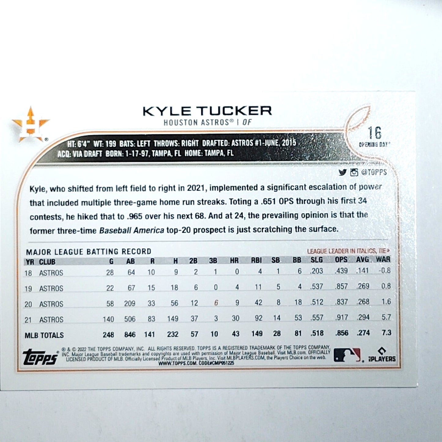 2022 Topps Opening Day #16 Kyle Tucker Houston Astros Outfielder - VG/EX