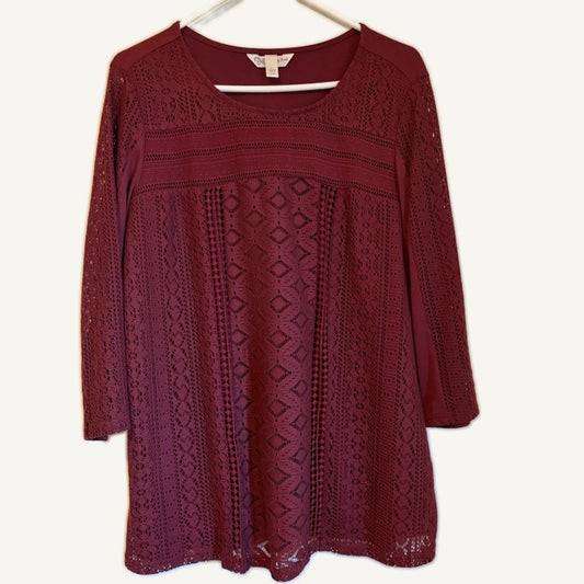 Krazy Kat Maroon Crochet Tunic Top - Women's Large 3/4 Sleeve - Excellent