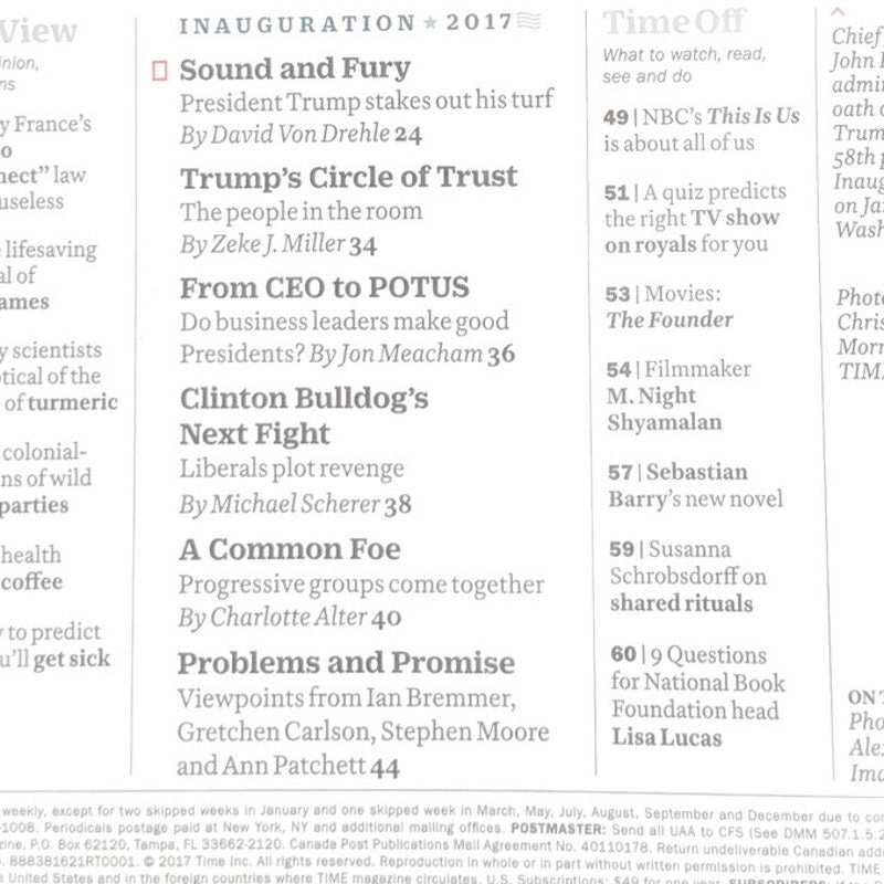 TIME Magazine January 30 2017 Donald Trump 45th President Inauguration Issue