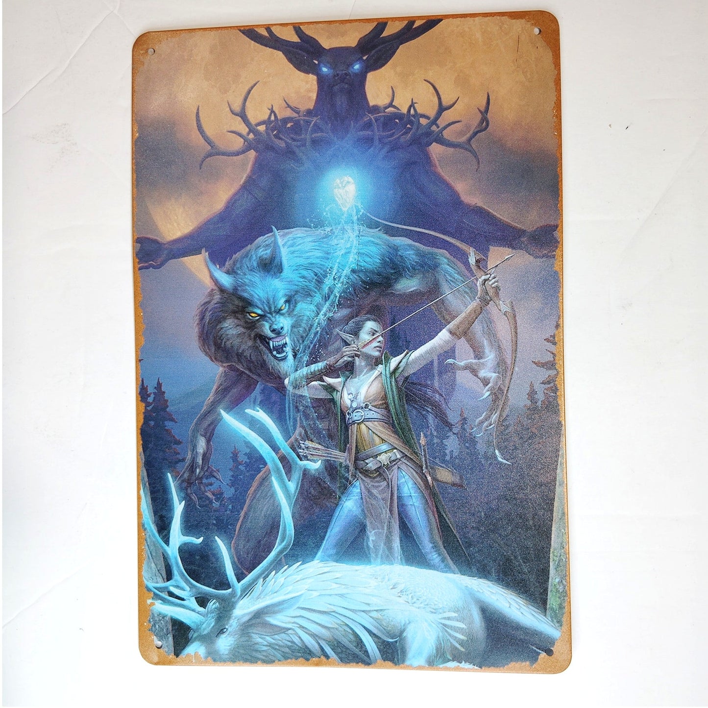 Fantasy Ranger Tin Sign 12×8 Moonlit Wolf Spirit Metal Wall Art Decor