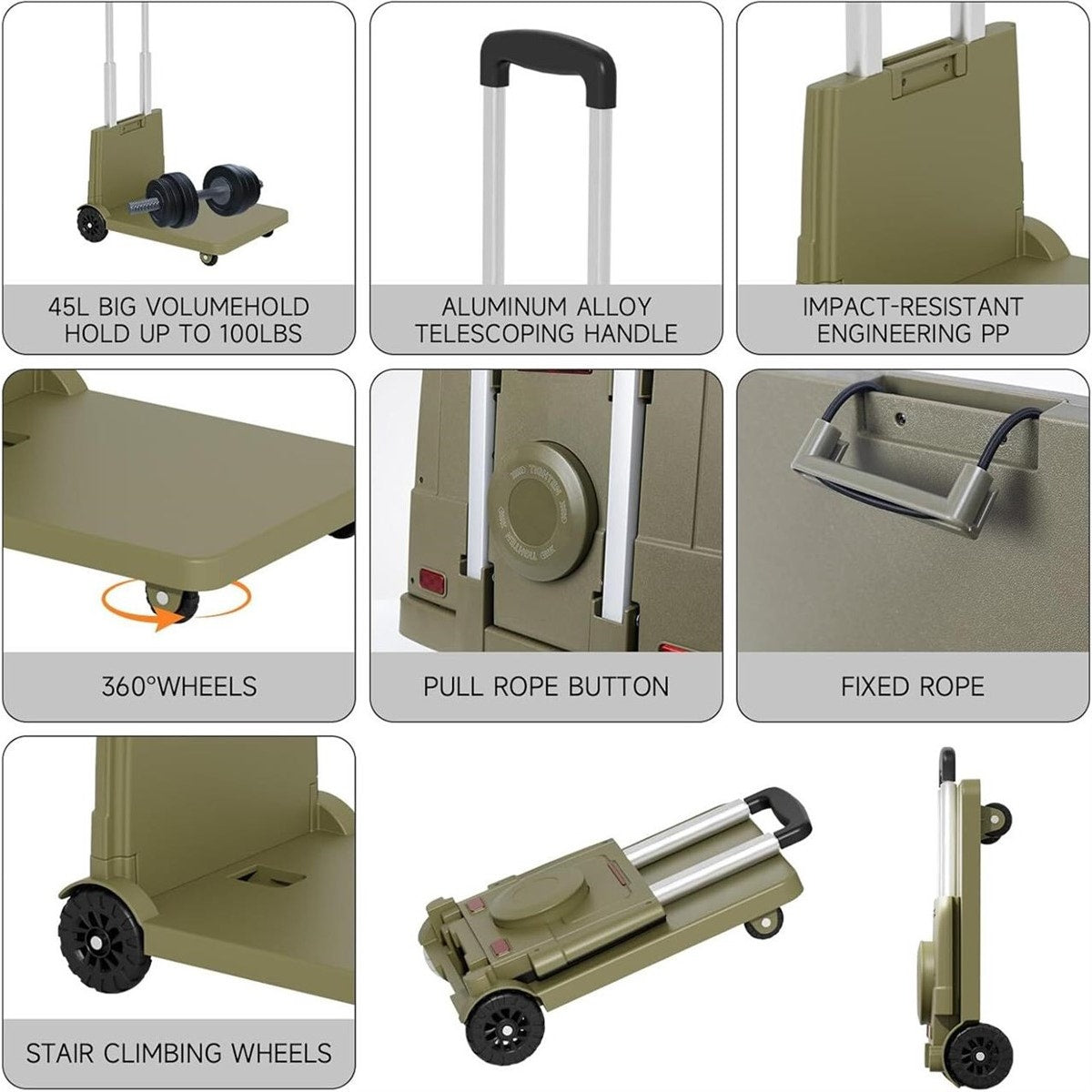 HD Folding Trolley Cart, 220 lb Cap., 4 Wheels, Bungee Cord, Telescopic Handle