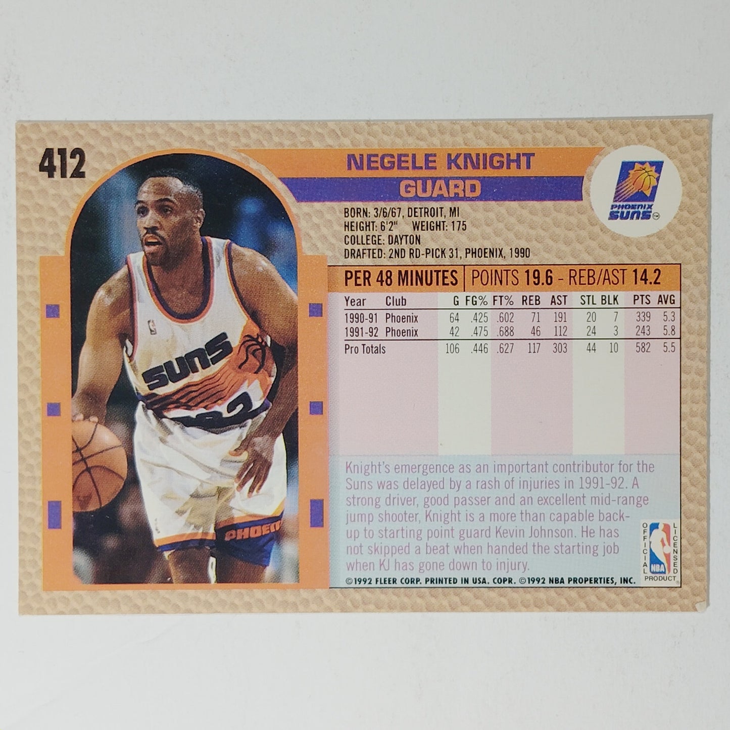 1992–93 Fleer Negele Knight #412 – Phoenix Suns – Guard – VG/EX