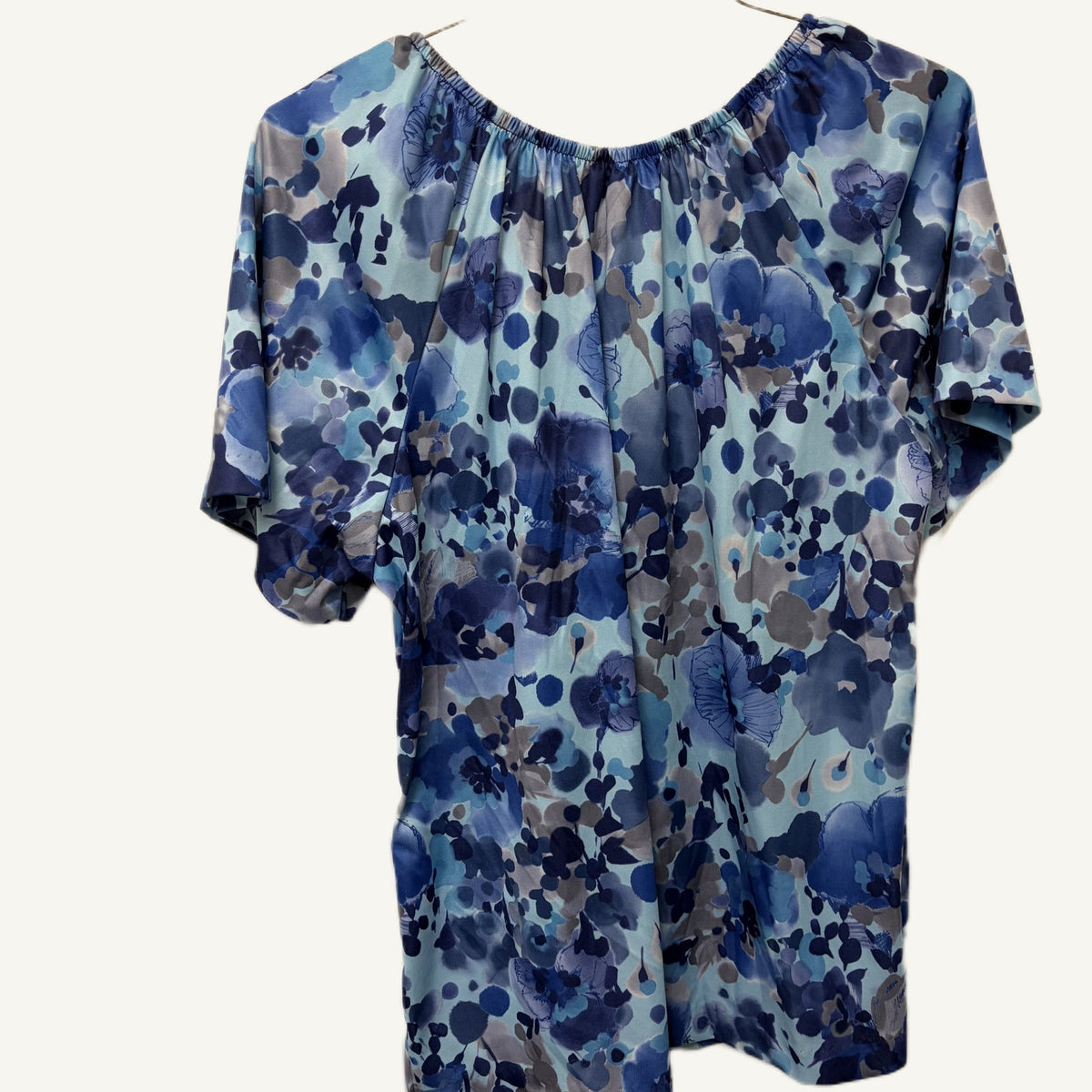 Blair Blue Floral Neck Blouse, Large, 100% Polyester, Elastic Collar Trim