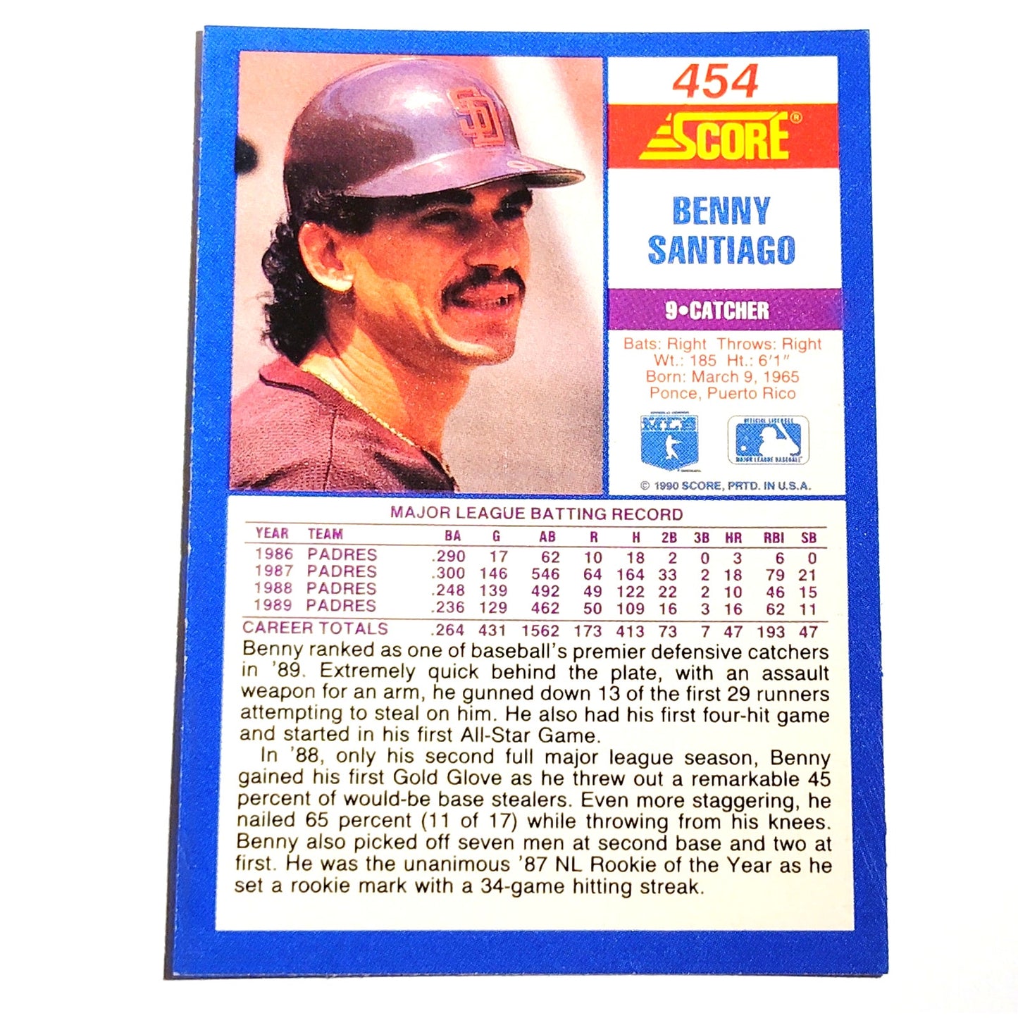1990 Score Benito Santiago #454 San Diego Padres Catcher MLB Baseball EX