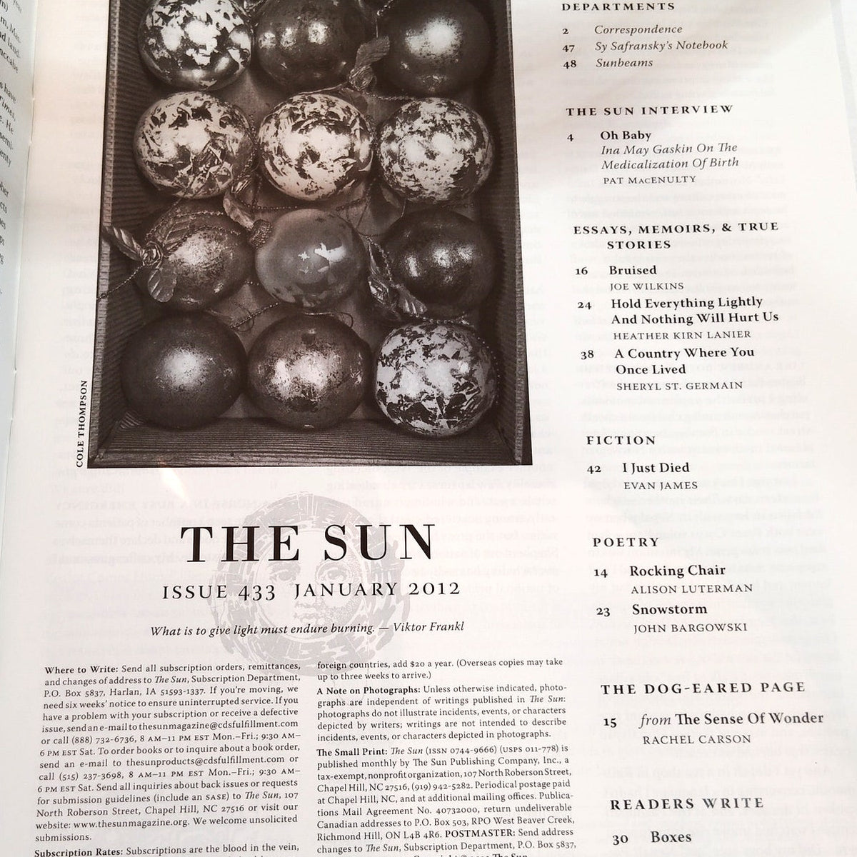 The Sun Magazine January 2012 Issue 433 - Vintage Literary Magazine