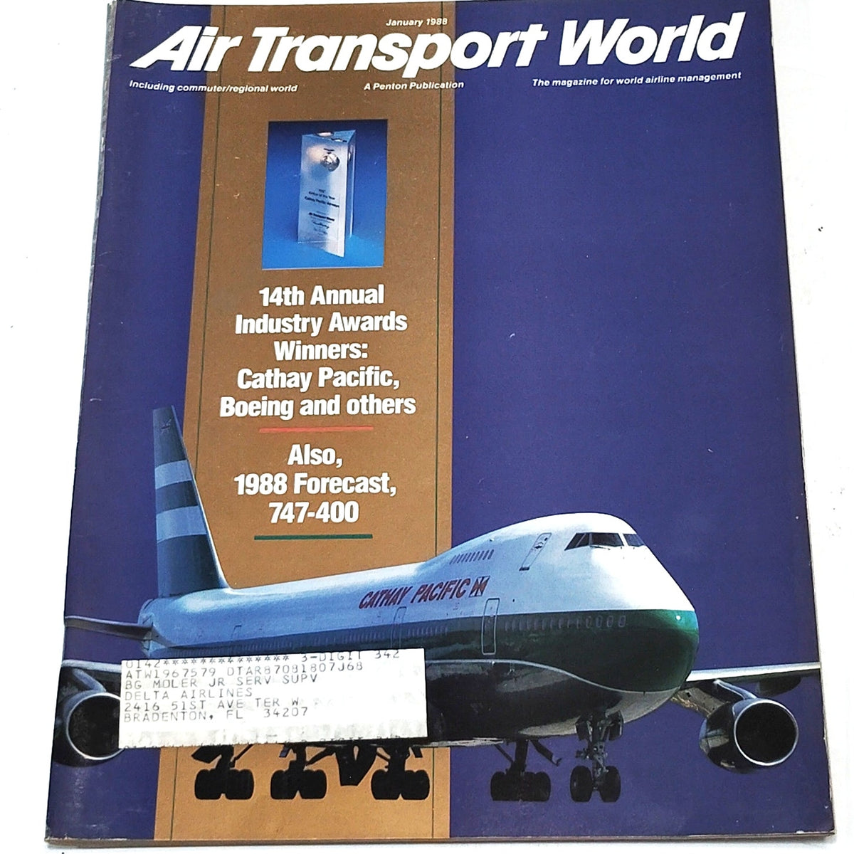 Air Transport World Magazine - January 1988 - Cathay Pacific 747 Cover