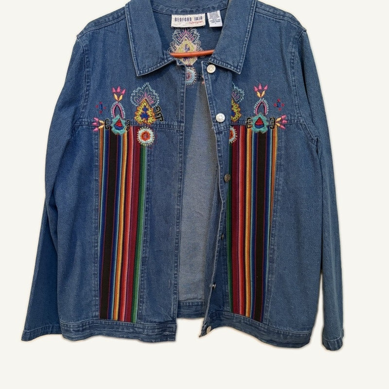 Bedford Fair Lifestyles Women's L Denim Aztec Embroidered 3PC Set Blue Pink