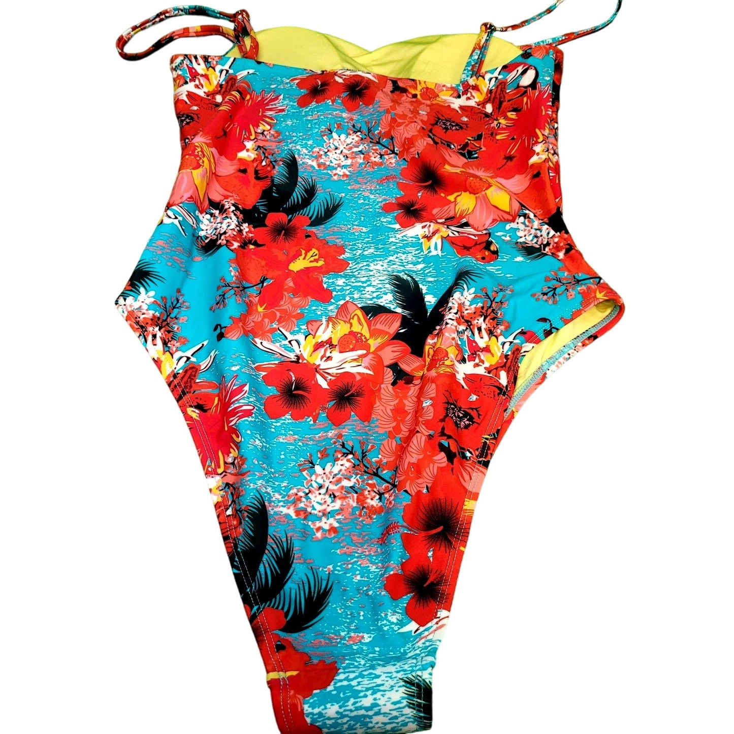 RELLECIGA Women's Blue Floral Neckline One Piece Swimsuit Straps Size L (12-14)