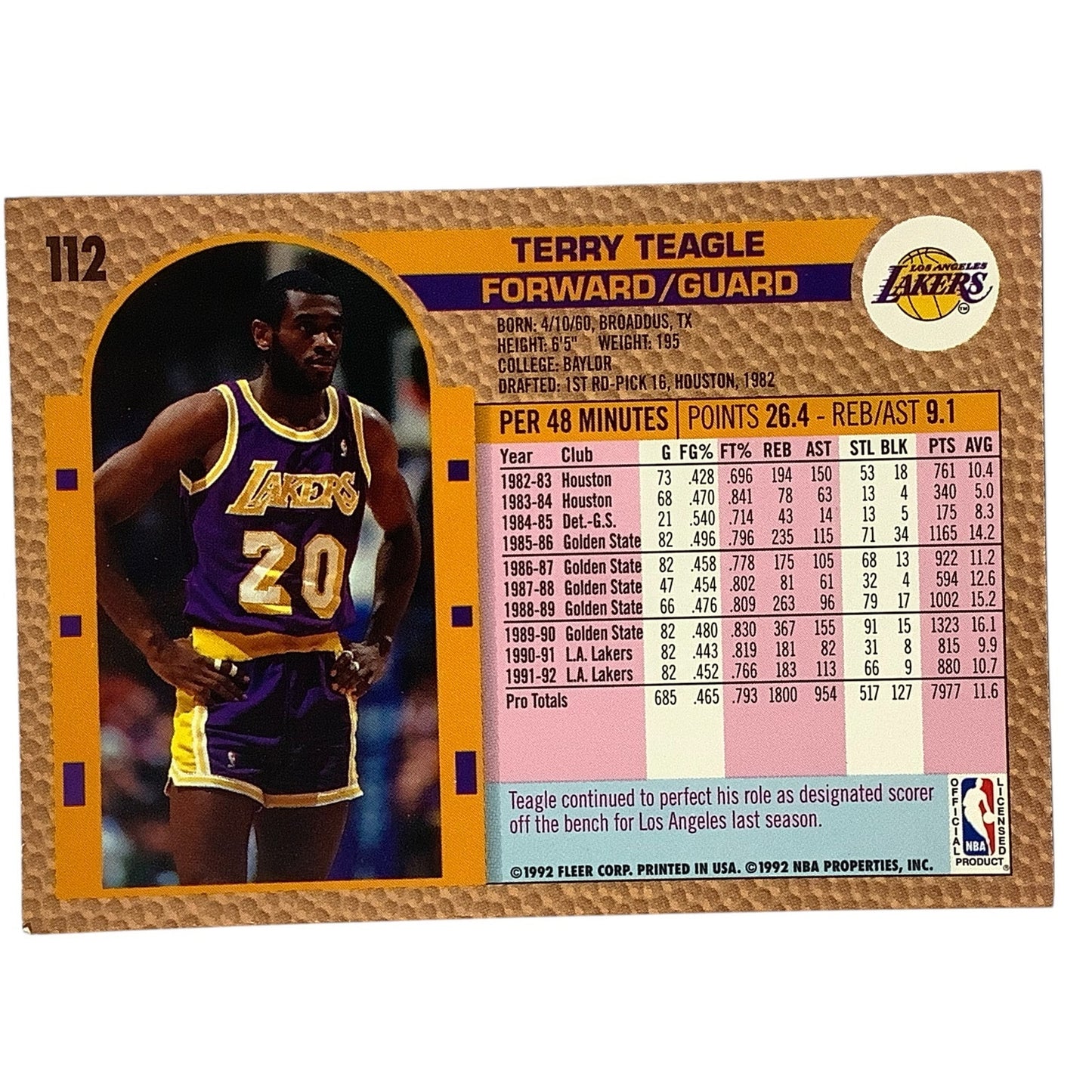 Terry Teagle (F/G), Card #112, Los Angeles Lakers, 1992-93 Fleer NBA