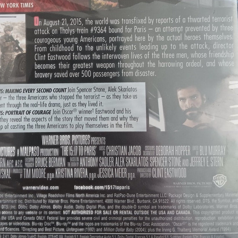 The 15:17 to Paris - Blu-ray, 2018 True Story Drama, Spencer Stone, NIP