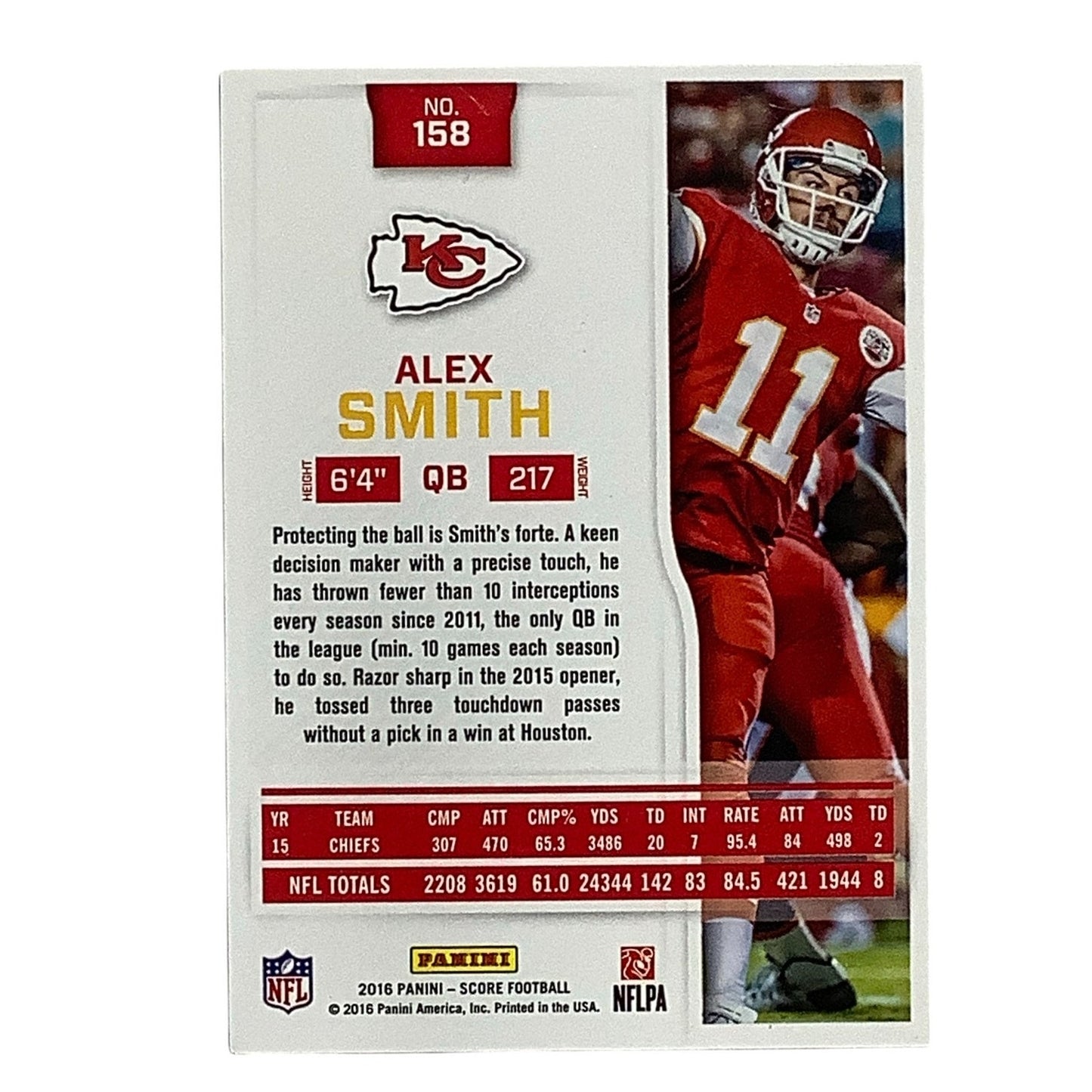 Alex Smith, Kansas City Chiefs, NFL, Panini Score 2016, Card 158, EX/NM