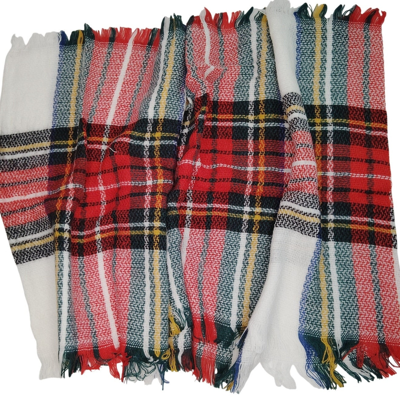 Lucky Leaf Infinity Scarf w/ Tassels Lightweight 100% Acrylic, Red White Plaid