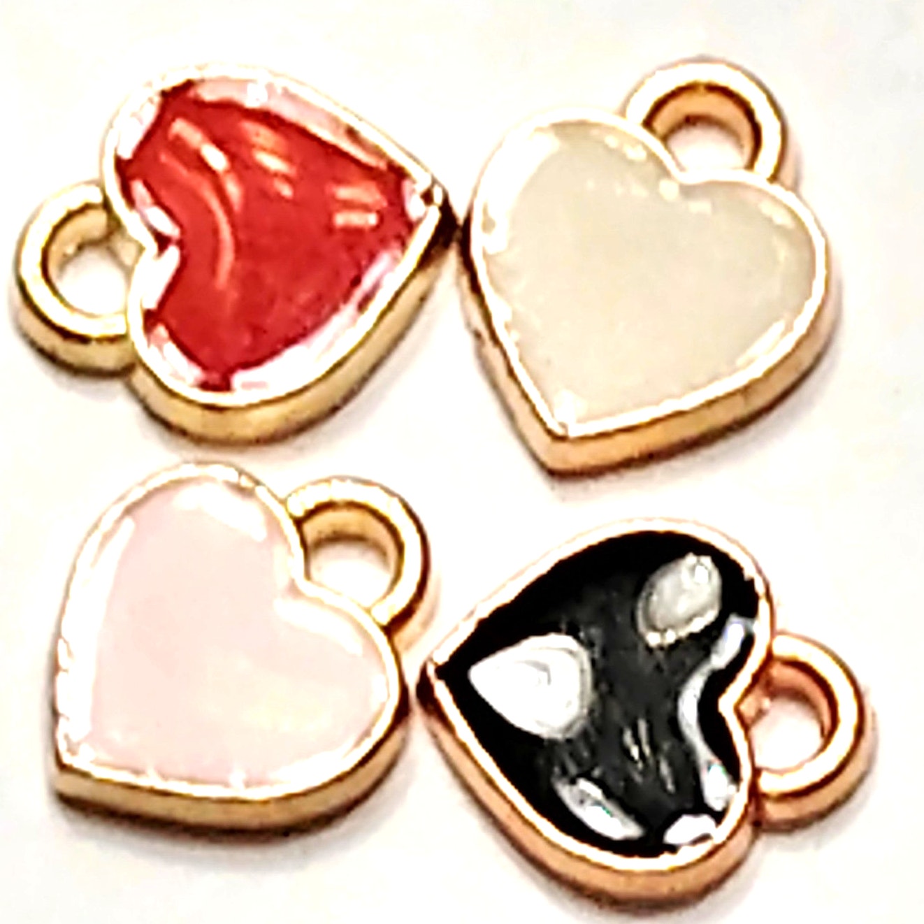 Heart Charms 4‑Pack Gold‑Tone Enamel Red White Pink Black 1/4" Jewelry Making