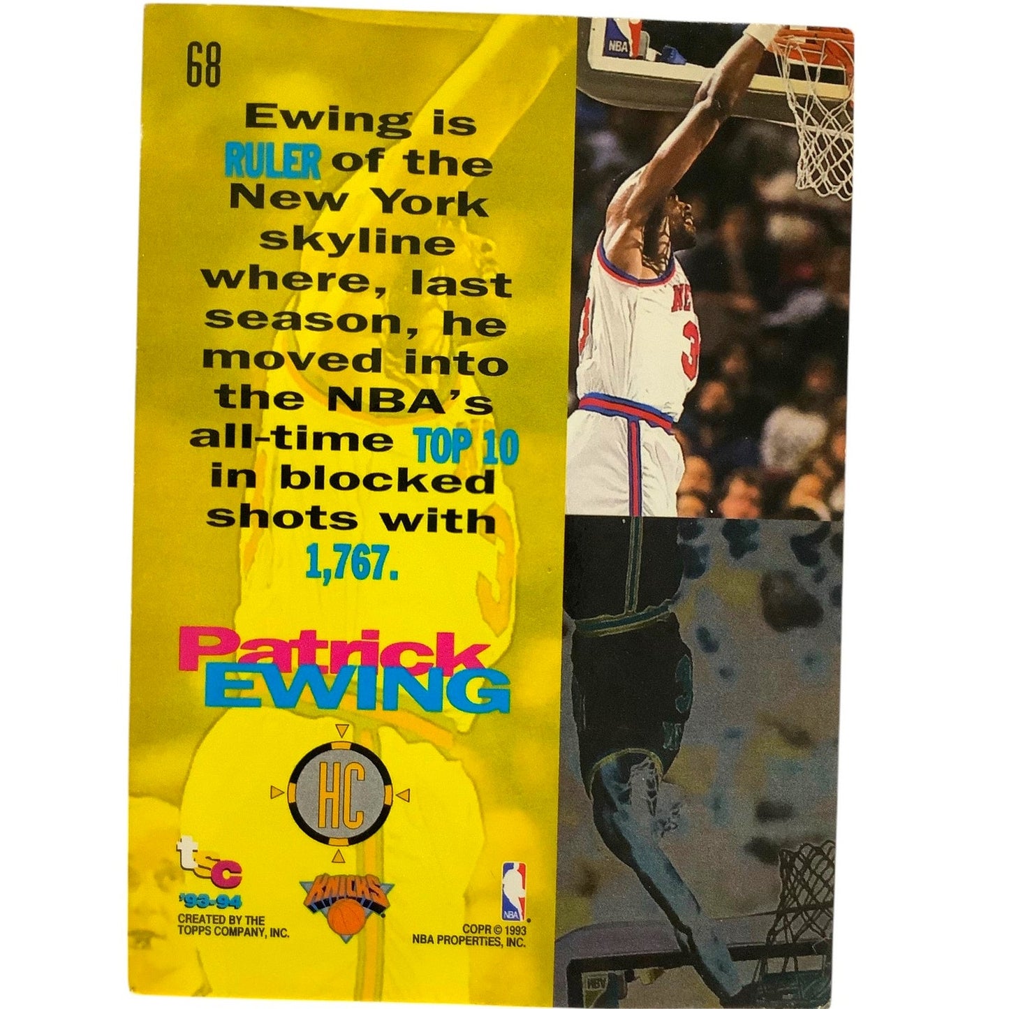 Patrick Ewing, New York Knicks, 1993 Topps Stadium Club High Court Card 68, EXC