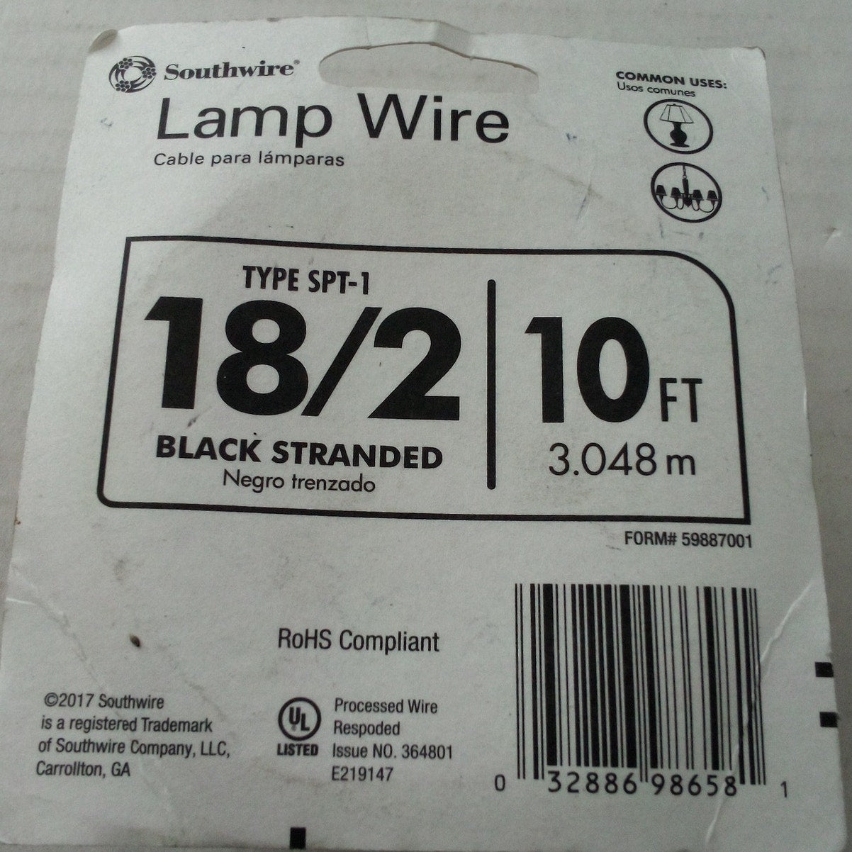 Southwire Lamp Wire – 10 ft – 18/2 SPT‑1 Stranded Copper – Black