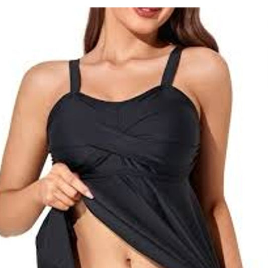 SummerMae Black Tankini Swim Top Women’s Large Crossback Ruched Front